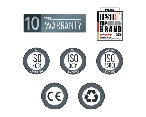 Zehn Jahre Garantie, Testsiegel Top Gartenmarke, ISO 14001, ISO 9001, ISO 45001, CE-Kennzeichnung, Recycling-Symbol