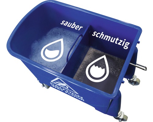 Blauer Putzeimer mit zwei Kammern für sauberes und schmutziges Wasser