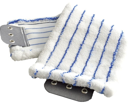 Zwei weiße Moppbezüge mit Streifen und Ösen zur Befestigung.