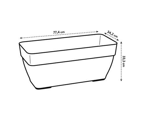 Abbildung eines Pflanzkastens mit Maßangaben: 77,4 cm Länge, 34,2 cm Breite und 33,3 cm Höhe.