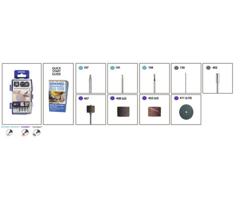 Dremel Holzbearbeitungsset mit Zubehör und Schnellstartanleitung
