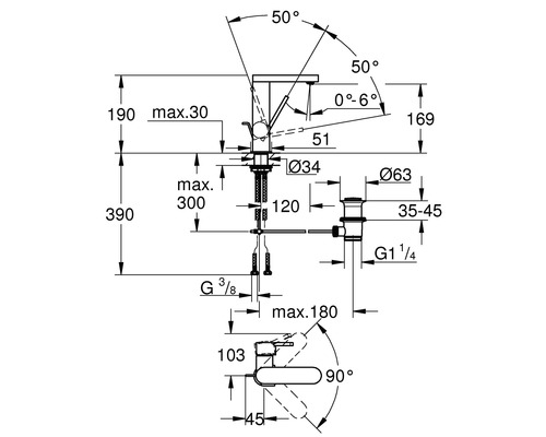 Maßzeichnung eines Wasserhahns mit Winkelangaben und Größenangaben