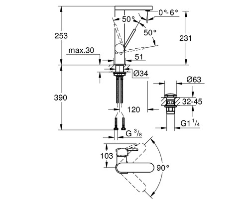 Technische Zeichnung eines Wasserhahns mit Maßangaben