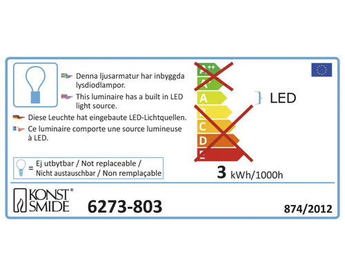 Energielabel mit Informationen zur eingebauten LED Lichtquelle und zum Energieverbrauch