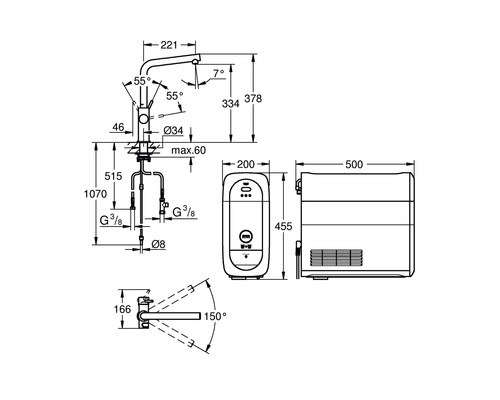 Maßzeichnung einer Küchenarmatur mit Wasserfiltersystem und den zugehörigen Maßen