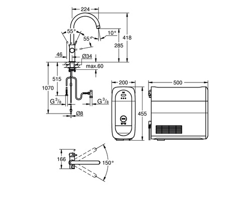 Maßzeichnung für eine Küchenarmatur mit Boiler