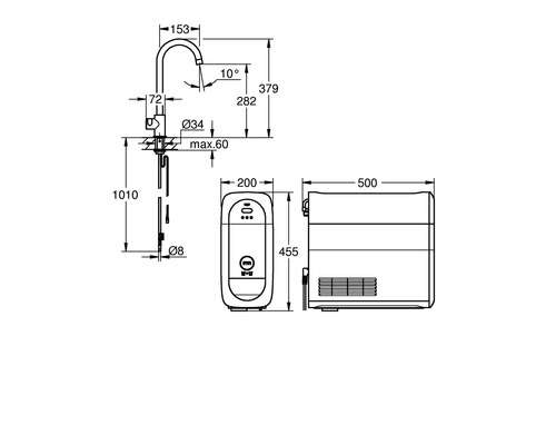 Maßzeichnung eines Wasserhahns mit Filter und Kühler