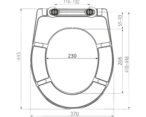 Technische Zeichnung eines WC-Sitzes mit Bemaßung