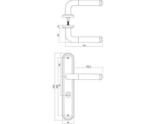 Technische Zeichnung eines Türdrückers mit Maßen