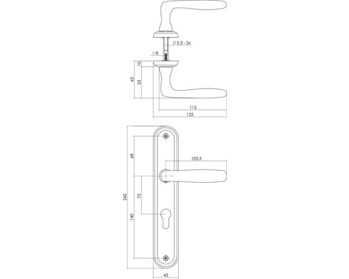 Technische Zeichnung eines Türdrücker-Sets mit Langschild und Maßen