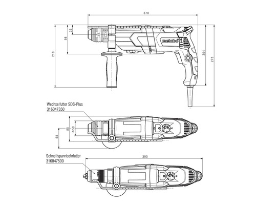 Technische Zeichnung einer Metabo Bohrmaschine mit Maßangaben