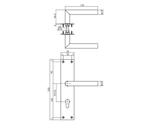 Technische Zeichnung eines Türdrückers mit Maßen