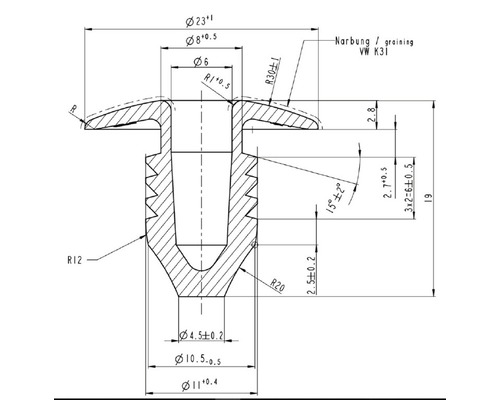Technische Zeichnung eines Befestigungselements mit detaillierten Maßangaben