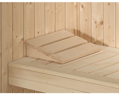 Sauna mit Holzwand, Liegefläche und Treppe