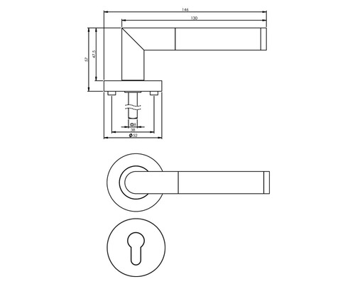 Technische Zeichnung einer Türklinke mit Maßangaben