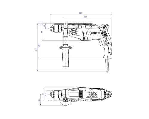 Technische Zeichnung einer Metabo Schlagbohrmaschine mit Maßangaben.