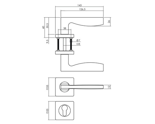 Technische Zeichnung eines Türgriffs mit Maßangaben