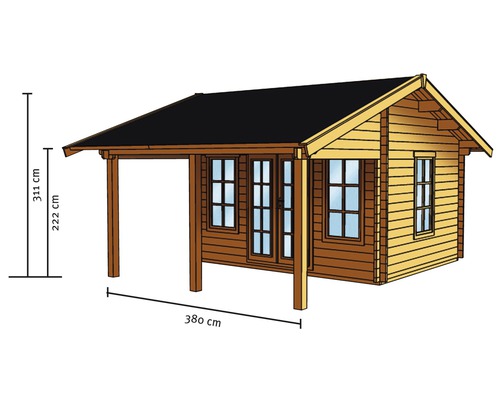 Holzgartenhaus mit Maßen 380 cm Breite und 311 cm Höhe