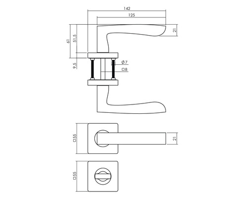 Technische Zeichnung eines Türdrückers mit Maßangaben