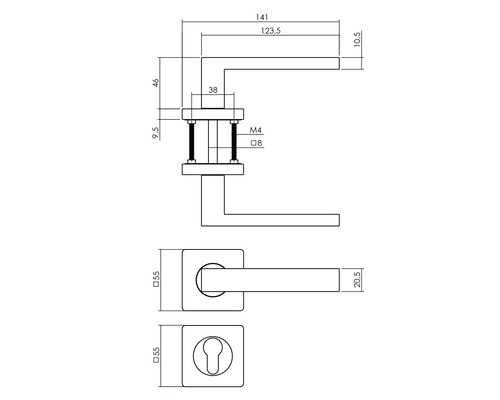 Technische Zeichnung eines Türdrücker-Sets mit Maßen