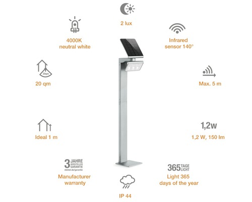 Silberfarbene Solarleuchte mit Infrarotsensor und einer Lichtstärke von 1,2 Watt