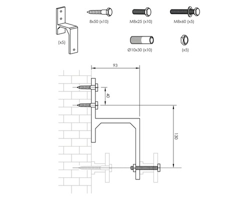 Illustration eines Halters mit Schrauben, Dübeln und Maßen