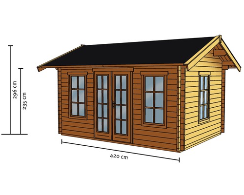 Abbildung eines Gartenhauses aus Holz mit den Maßen 420 mal 296 Zentimeter