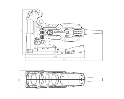 Zeichnung einer Metabo Stichsäge mit Maßangaben
