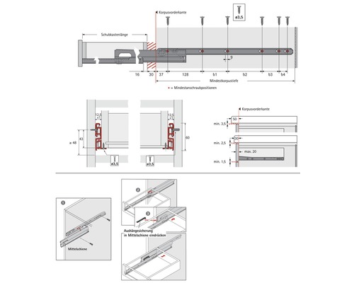 Technische Zeichnung einer Schubladenschiene mit Maßen und Montagehinweisen.