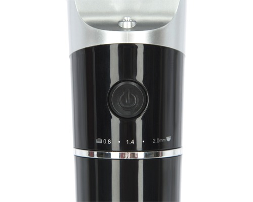 Detailansicht eines Haarschneiders mit Ein- und Ausschaltknopf sowie Längeneinstellungen