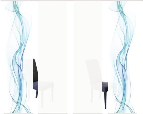 Schiebegardine mit abstraktem Muster und Stuhl