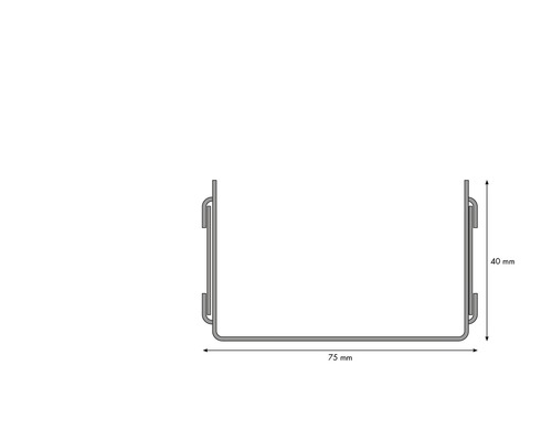 Skizze eines Befestigungsclips mit Maßangaben: 75 mm Breite und 40 mm Höhe