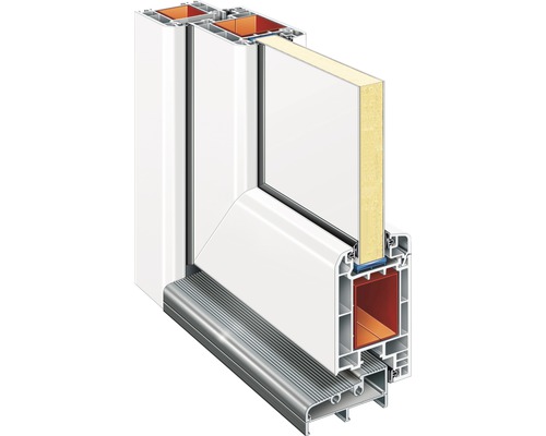 Querschnitt eines weißen Kunststofftürrahmens mit Aluminiumschwelle