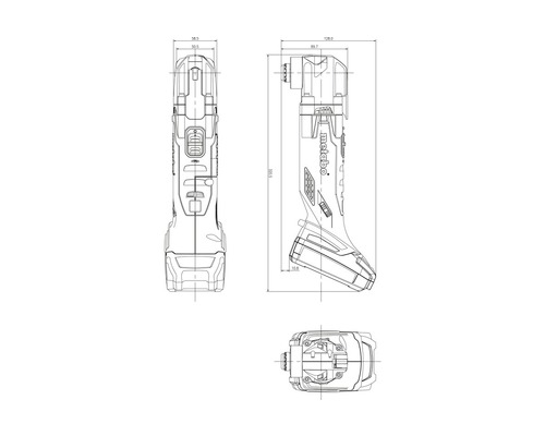Technische Zeichnung eines Metabo Akku-Winkelschraubers mit Maßangaben