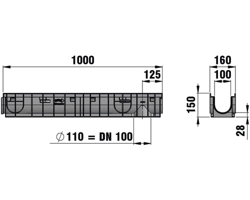 Technische Zeichnung einer Entwässerungsrinne mit Maßangaben