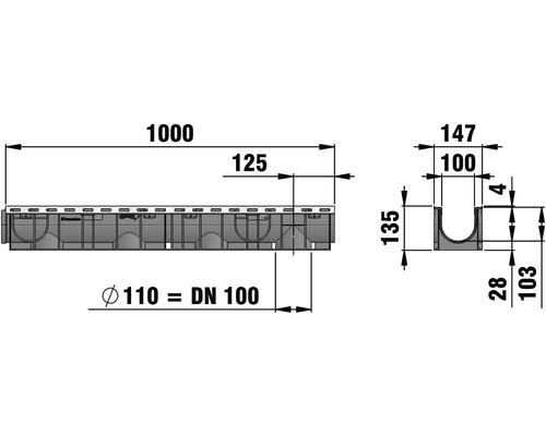 Technische Zeichnung einer Entwässerungsrinne mit Maßen.
