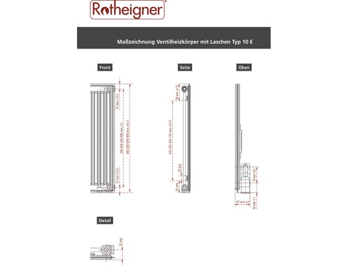 Maßzeichnung eines Rotheigner Ventilheizkörpers Typ 10 E mit Laschen, Ansichten von vorne, von der Seite, von oben und ein Detail.