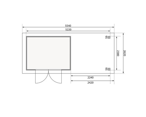 Grundrisszeichnung eines Gartenhauses mit Maßangaben
