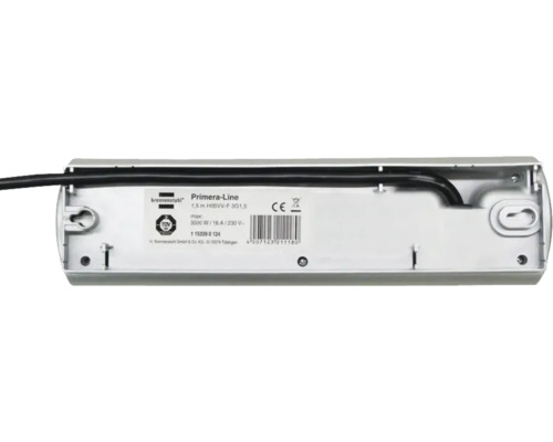 Rückseite einer Brennenstuhl Primera-Line Steckdosenleiste mit Produktdetails und TÜV-Siegel