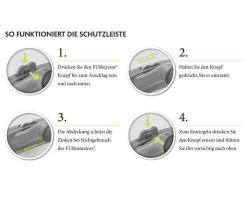 Anleitung zur Funktionsweise der Schutzleiste eines FURminators in vier Schritten