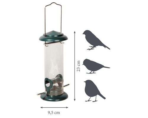 Vogelfutterspender mit den Maßen 23 mal 9,5 Zentimeter.