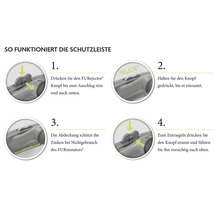 Anleitung zur Verwendung der Schutzleiste eines FURminators in vier Schritten.