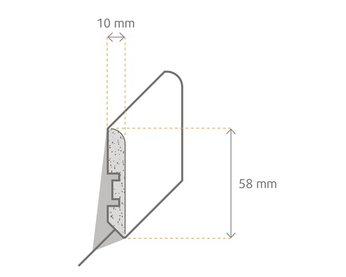 Profil einer Sockelleiste mit den Maßen 10 mm und 58 mm