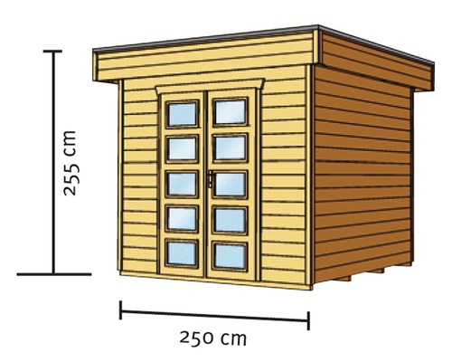 Abbildung eines Gartenhauses mit den Maßen 255 cm Höhe und 250 cm Breite.