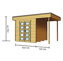 Abbildung eines Gartenhauses aus Holz mit einer Höhe von 255 cm, einer Breite von 250 cm und einer Tiefe von 130 cm.