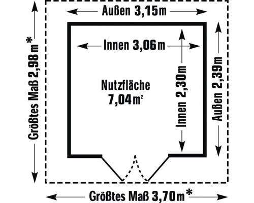 Grundrisszeichnung mit Außenmaßen 3,15 Meter mal 2,39 Meter und größten Maßen von 2,98 Meter mal 3,70 Meter, Innenmaßen von 3,06 Meter mal 2,30 Meter und einer Nutzfläche von 7,04 Quadratmetern.