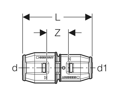 Technische Zeichnung einer Geberit Muffe mit Maßangaben