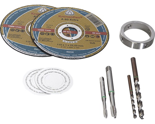 Zwei Trennscheiben, ein Metallring, zwei Gewindebohrer und zwei Spiralbohrer aus Stahl.