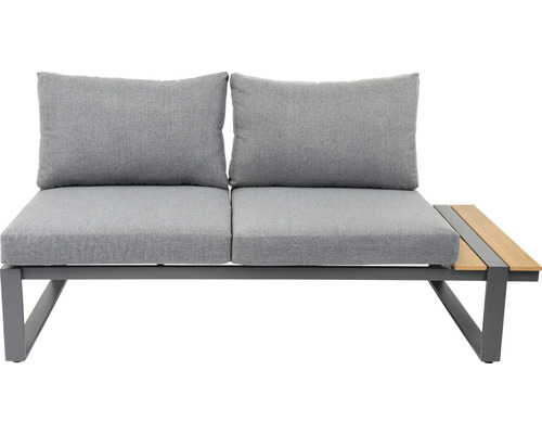 Gartensofa mit zwei Sitzen, grauen Kissen und Ablagefläche aus Holz
