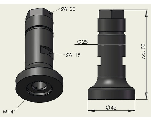 Technische Zeichnung einer Muffe mit den Maßen circa 80 Millimeter Höhe, 25 und 42 Millimeter Durchmesser sowie Schlüsselweite 19 und 22